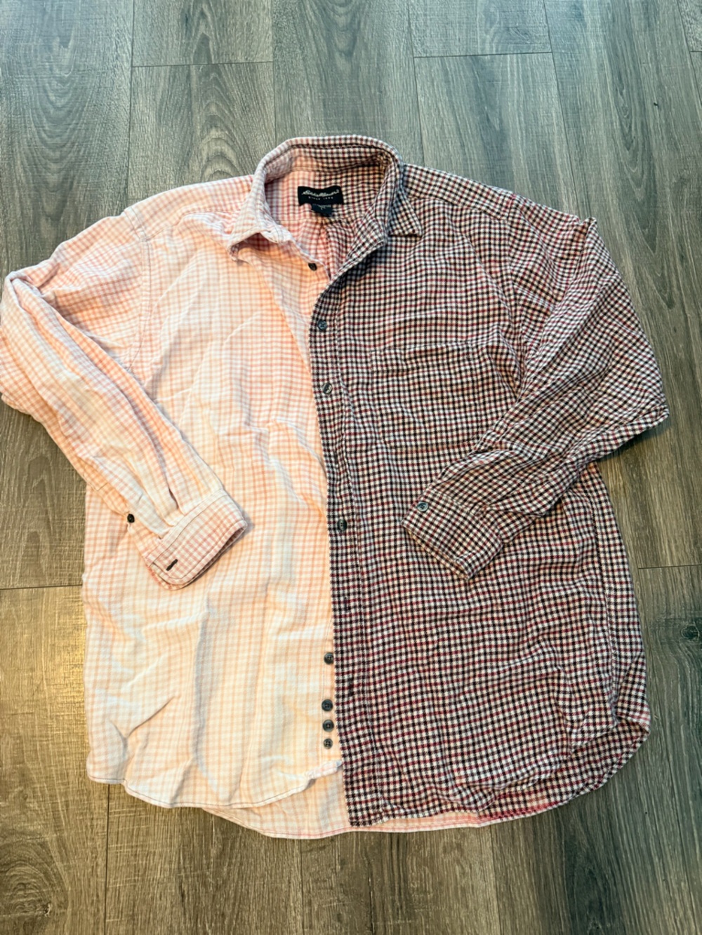 Eddie Bauer Red and Brown flannel Gingham Button-Down Shirt - custom bleached.